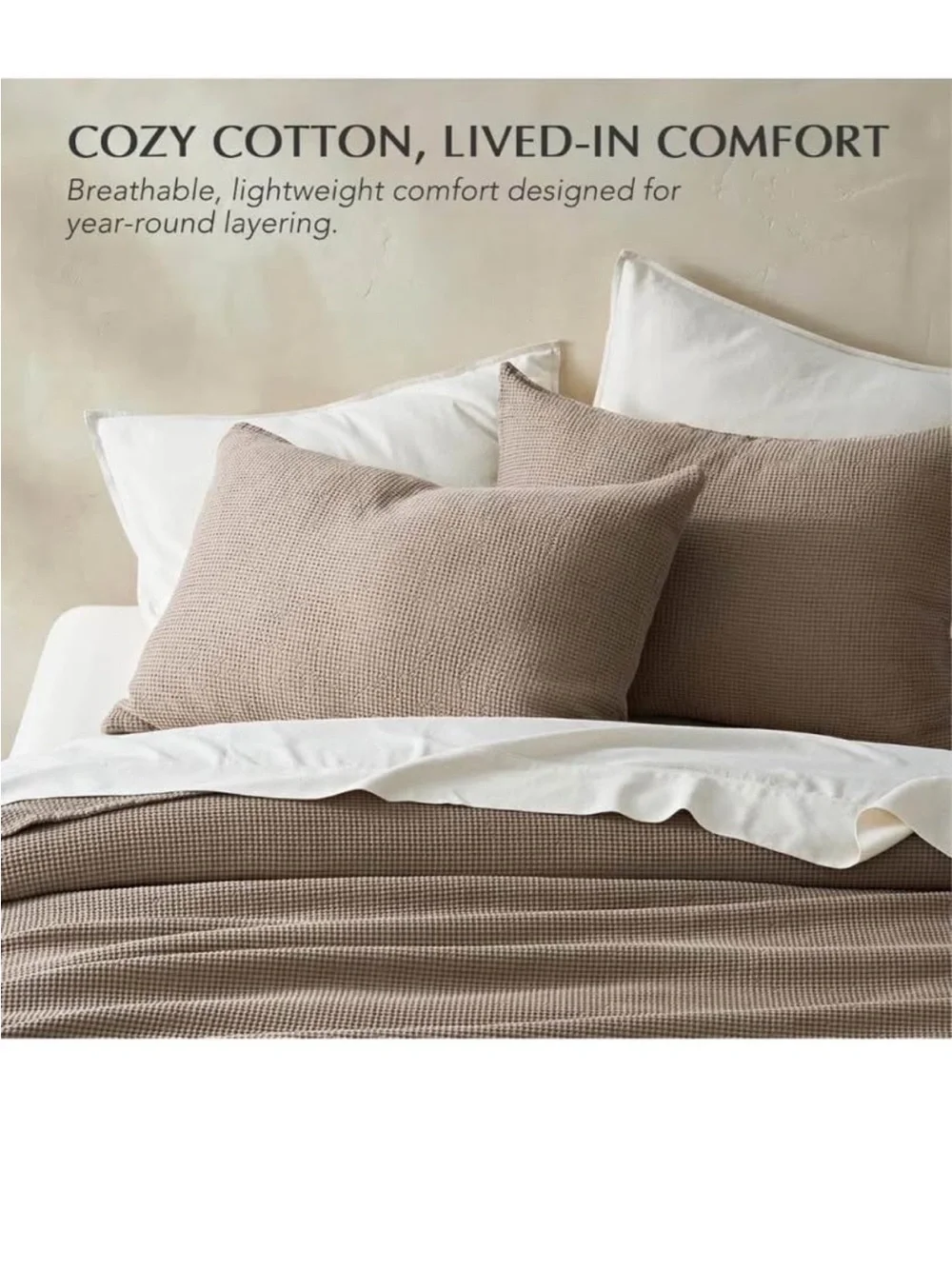 EverGrace 100% Cotton Waffle Coverlet Set, Queen Size, Truffle Taupe Brown